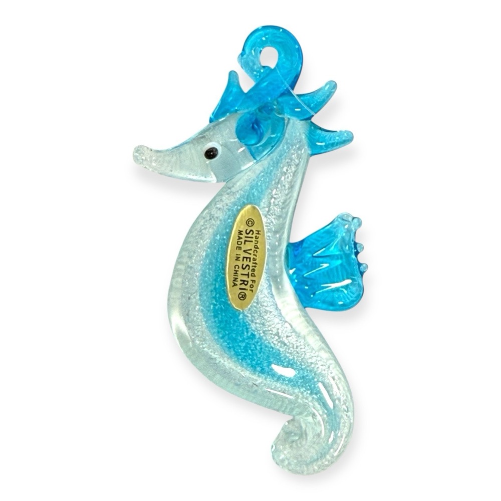 Silvestri Hand Blown Glass Seahorse Ornament Blue White Nautical 2.75" - Picture 2 of 4